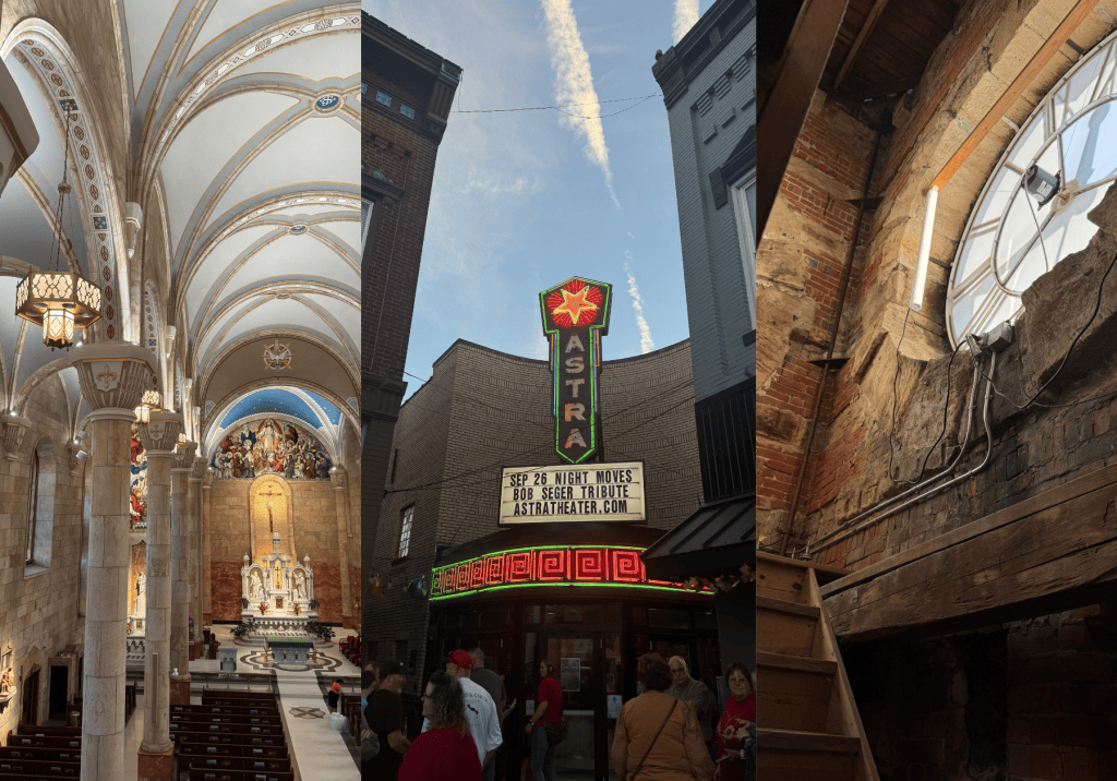 Things to do in Jasper Indiana including a show at The Astra theatre and the bell tower tour at St Joseph Church